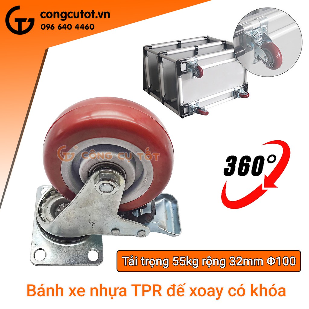 Bánh xe đẩy mặt đế xoay càng sắt mạ kền tải trọng 50kg lốp nhựa TPR đỏ mận rộng 32mm