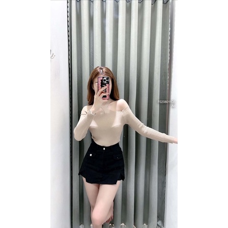 Áo len nữ phối gân tay dài cổ yếm khoét vai VIENS STORE