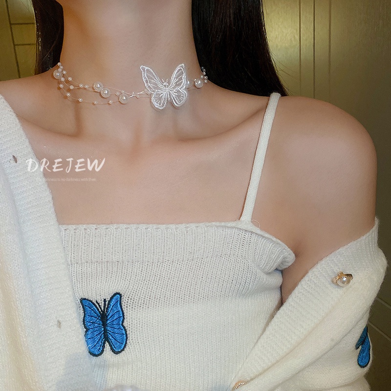 Drejew Dây Chuyền Mặt Hình Bướm Đính Ngọc Trai Phong Cách Thời Trang Hàn Quốc