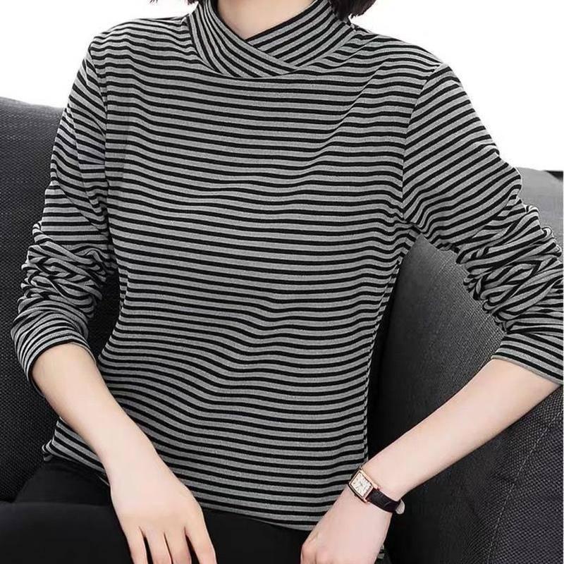 Áo thun tay dài cổ lọ họa tiết kẻ sọc thời trang cho phụ nữ trung niên