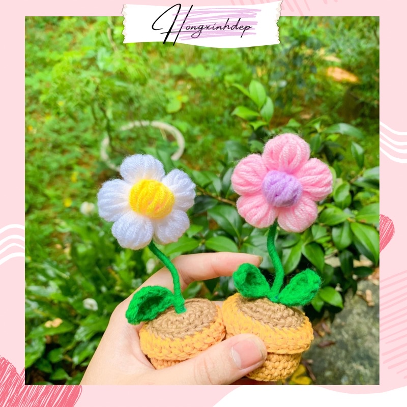 Chậu hoa mini 5 cánh bằng len trang trí bàn học, decor phòng ngủ