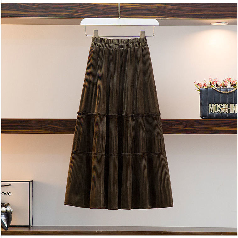 Chân Váy Len Long Gold Velvet Cake Pleated High Waist Thin A-line Skirt