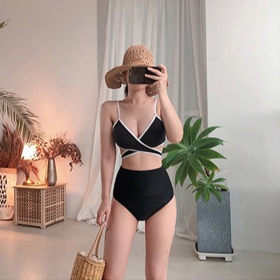 Bikini 2 mảnh áo hai dây đen viền trắng cột eo mix quần lưng cao đen