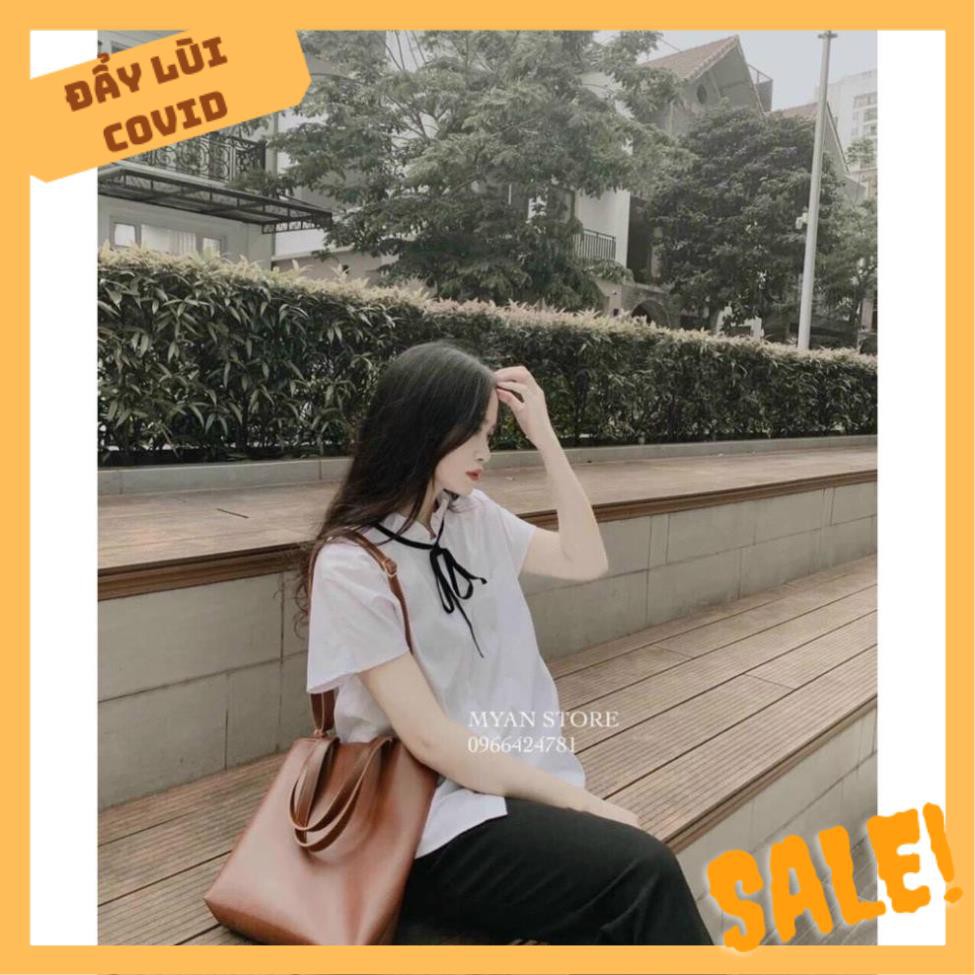 [ƯU TIÊN SỈ] ÁO SƠ MI NỮ CỘC TAY VẢI THÔ CỔ BÈO CÓ DAY NƠ BUỘC | BigBuy360 - bigbuy360.vn