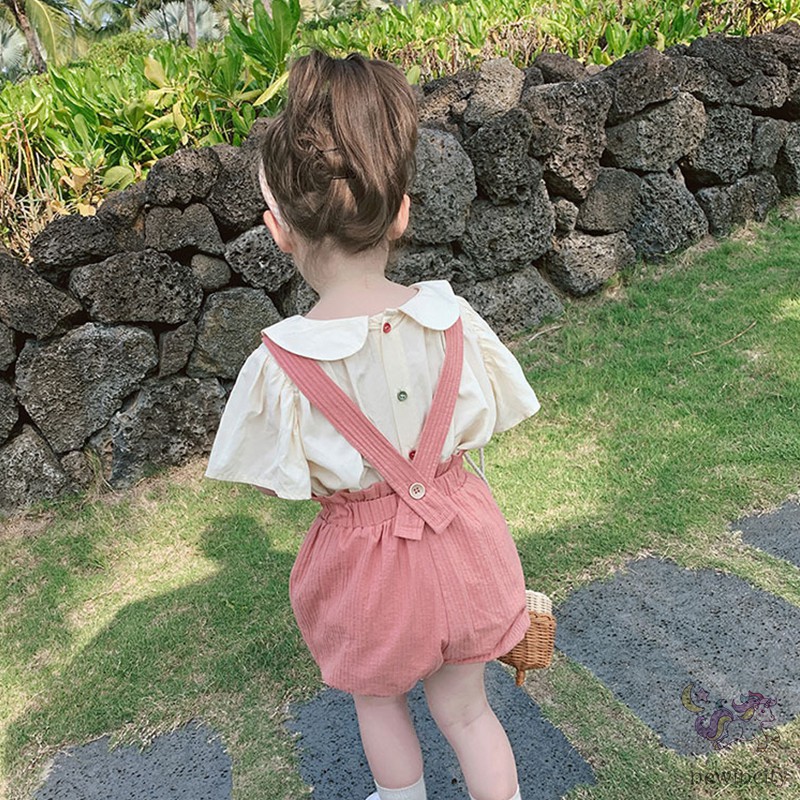 Bộ áo kiểu ngắn tay + quần yếm phong cách Hàn Quốc thời trang mùa hè cho bé gái