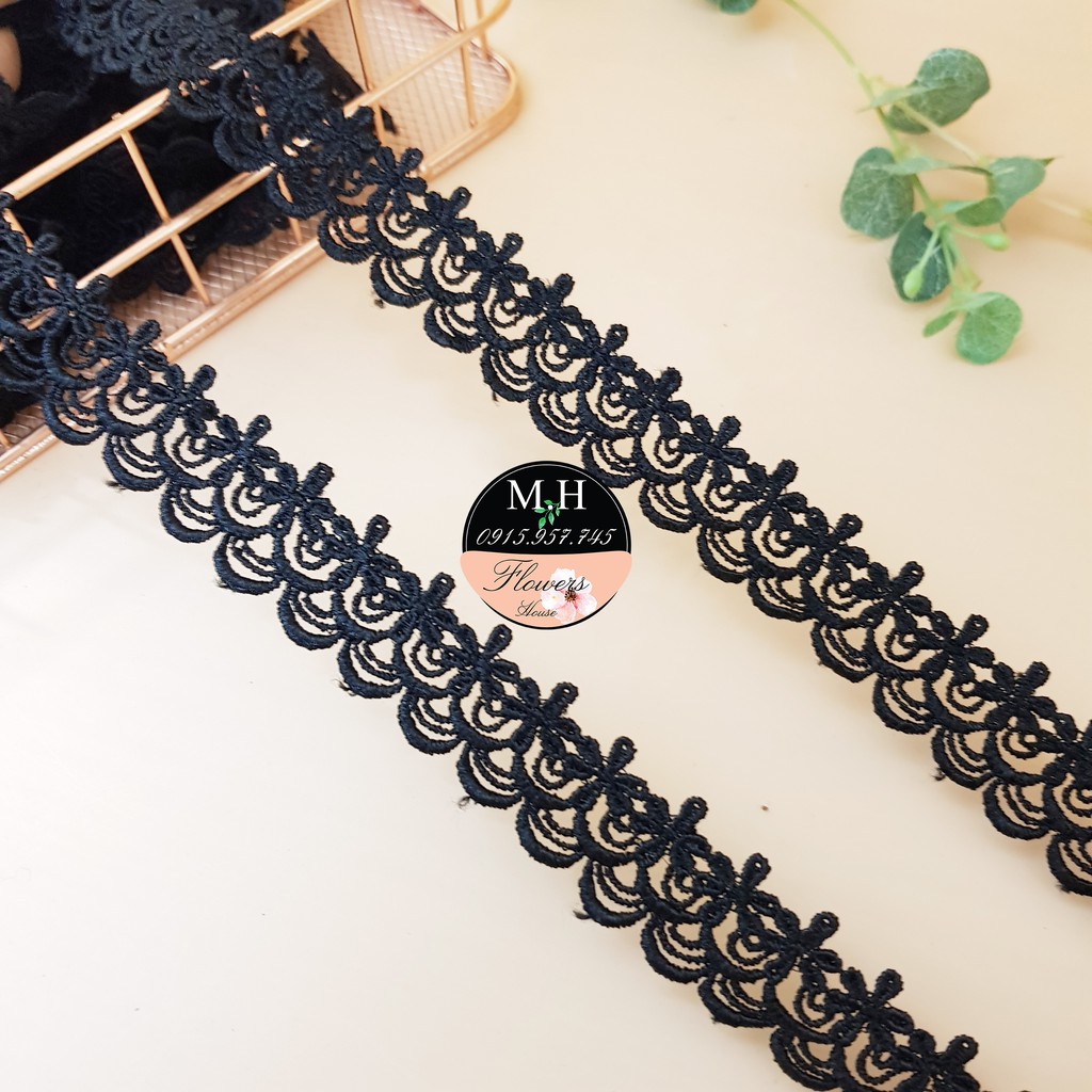 RC32 Cuộn 13 mét dây vải ren chỉ đen ren thêu hoa rộng 3cm ren may đồ Maihoaflower
