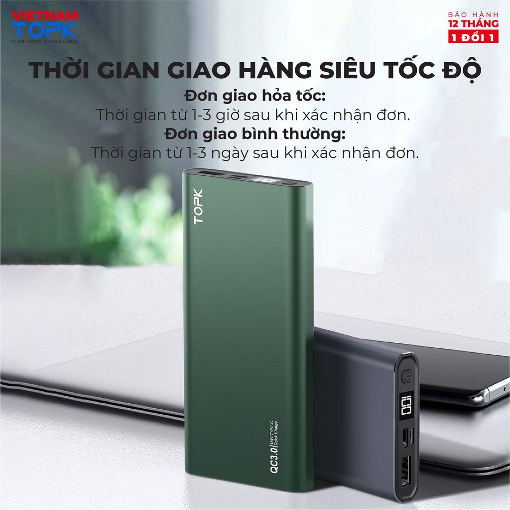 Sạc dự phòng 10000mAh TOPK I1006 - Đầu ra USB sạc ổn định - Màn hình LED - Hàng chính hãng Bảo hành 12 tháng 1 đổi 1