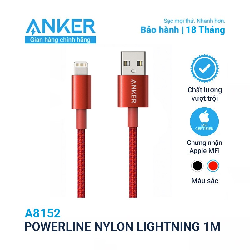 [Mã ELAK60 giảm 5% đơn 150K] Cáp sạc ANKER Powerline Lightning dài 1m A8152