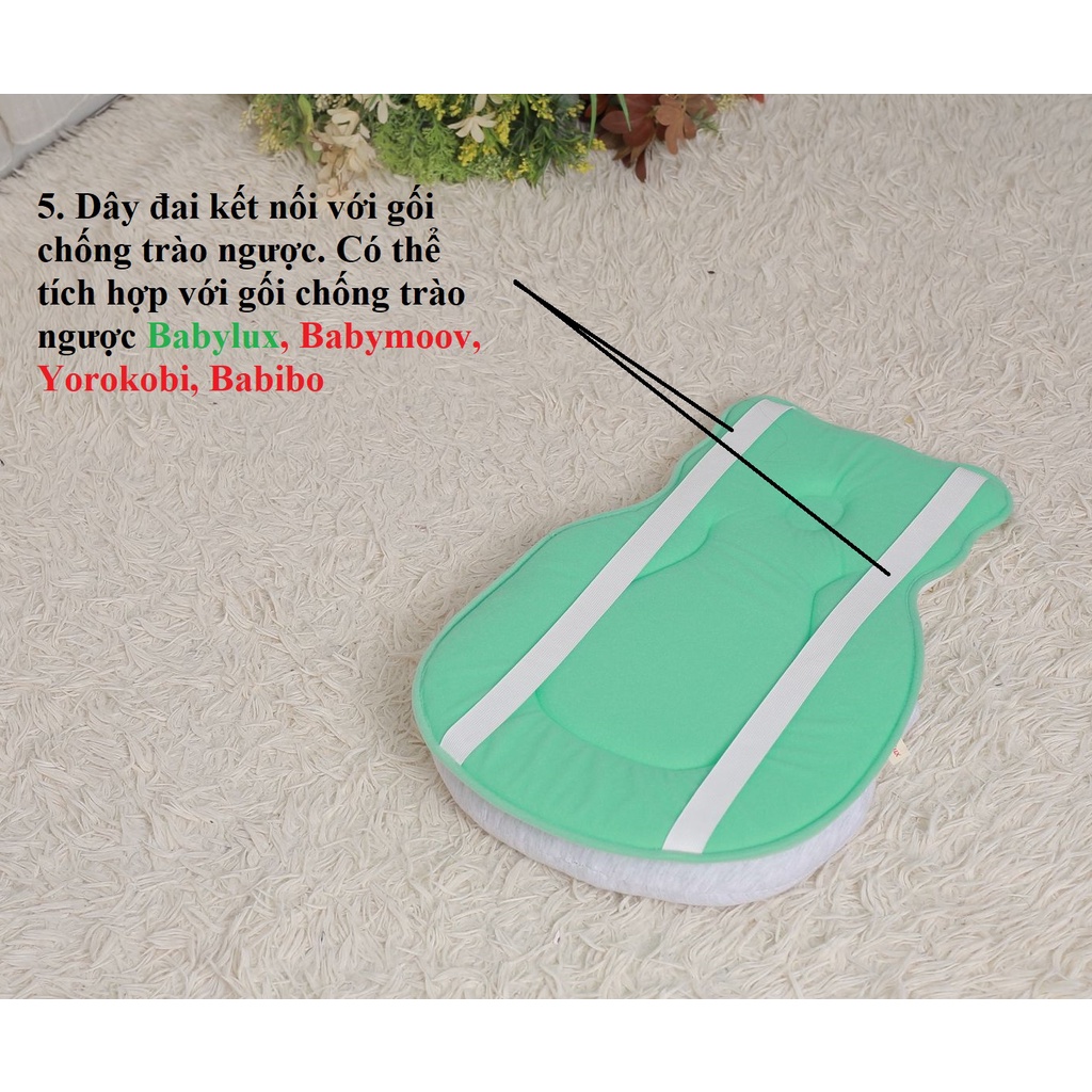 Combo 3 in 1:Gối chống trào ngược 15 độ, đệm ngủ đúng tư thế & Gối chống bẹp đầu cao su non cho bé Babylux