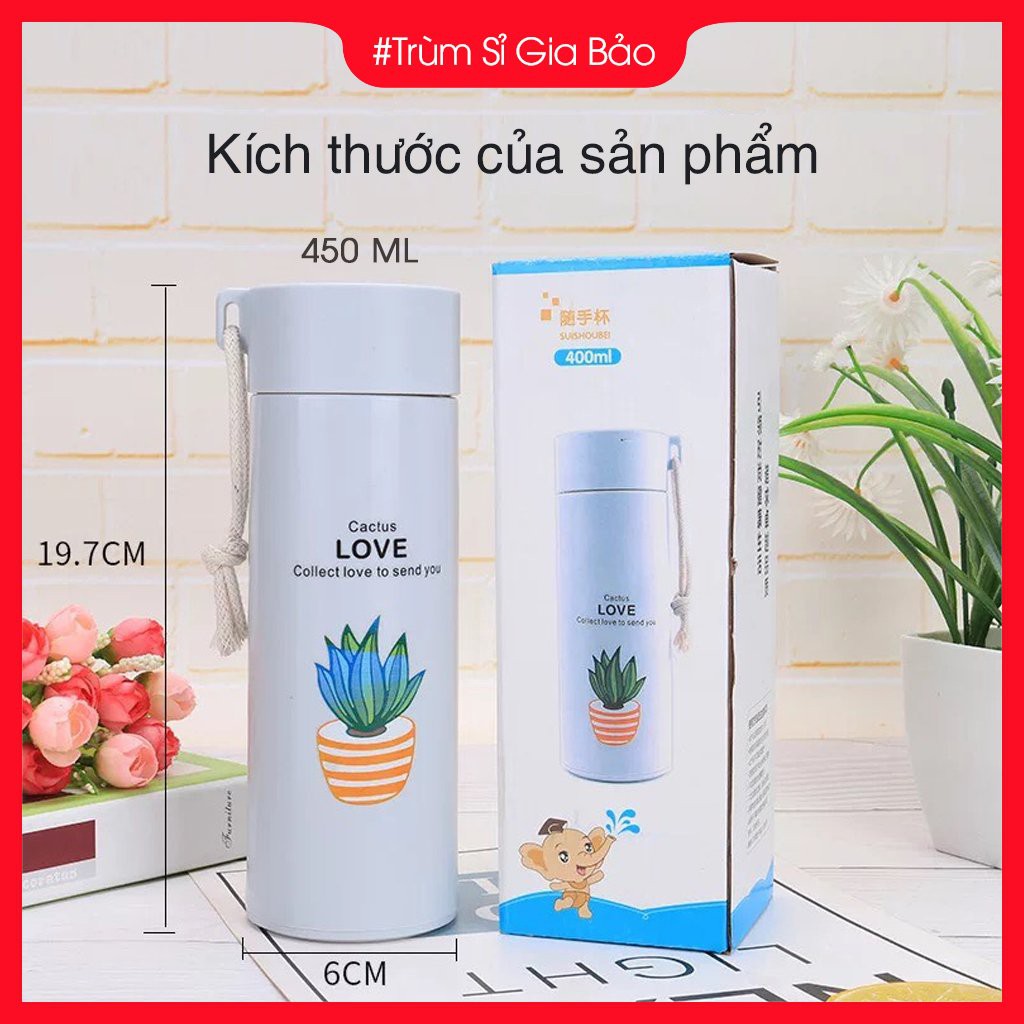 Bình đựng nước lõi thủy tinh họa tiết xương rồng dễ thương dung tích 450ml. | BigBuy360 - bigbuy360.vn