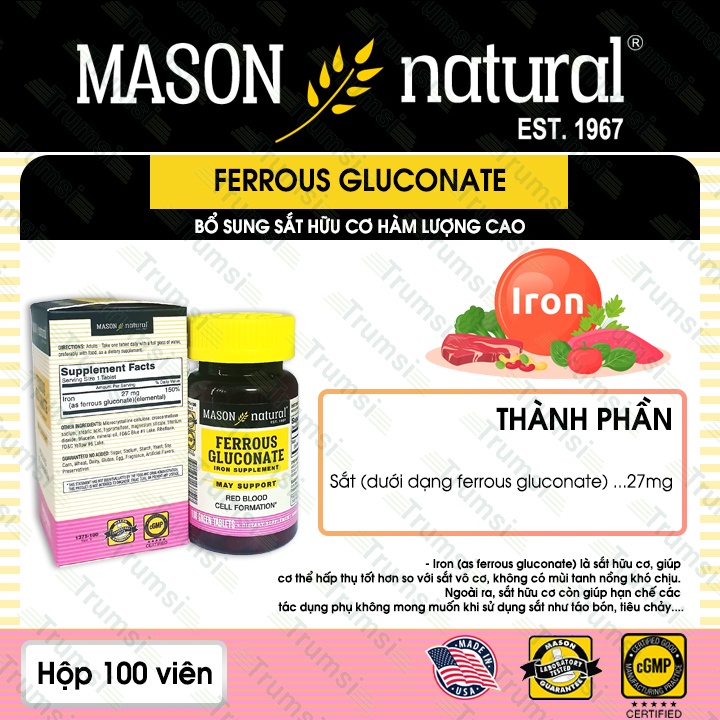 Viên uống Mason Natural Ferrous Gluconate bổ sung sắt hữu cơ hỗ trợ giảm hoa mắt chóng mặt do thiếu máu bảo vệ tim mạch