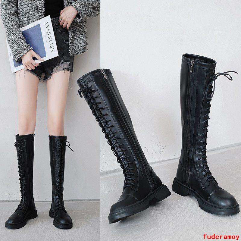 Giày bốt chanel mỏng ống dài đế bằng màu đen thời trang cá tính cho nữ