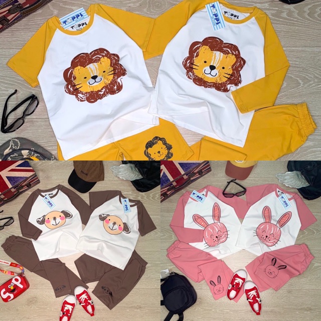 Bộ bé trai bé gái raplan hình thú cotton thấm hút mồ hôi tốt
