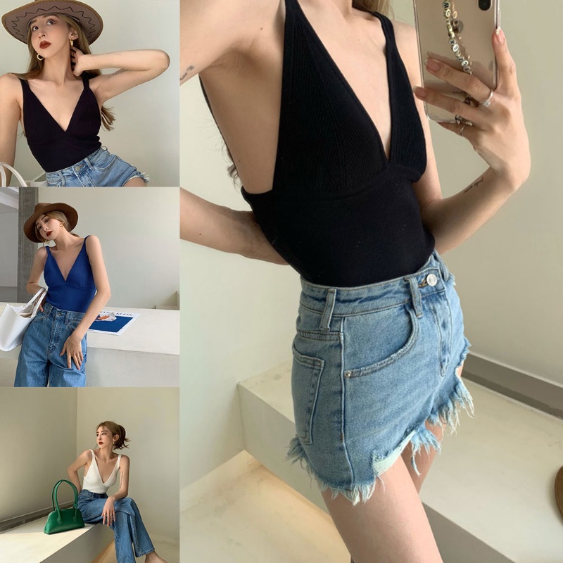 Áo Croptop Dệt Kim Không Tay Cổ Chữ V Khoét Sâu Hở Lưng Màu Sắc Trơn Thời Trang Mùa Hè 10MK Dành Cho Nữ