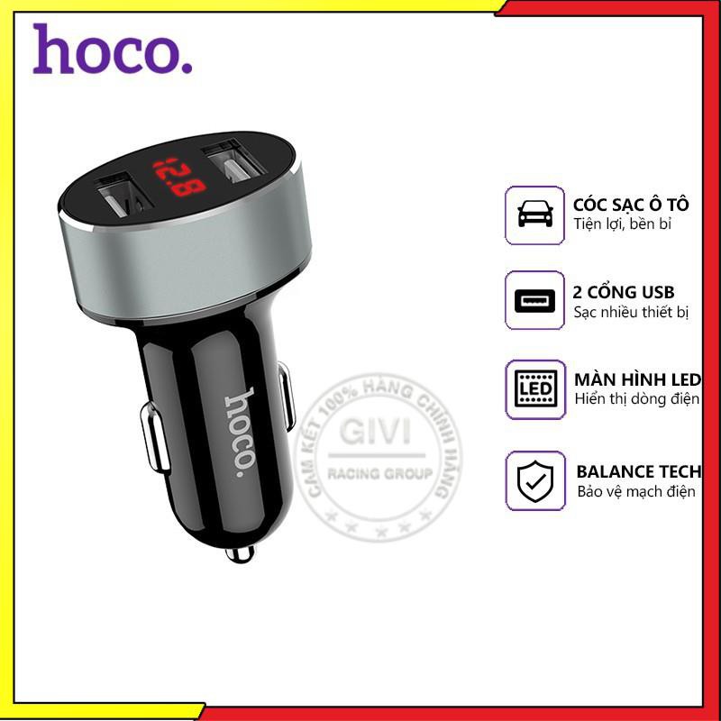 Cóc sạc nhanh Hoco Z26 trên xe hơi 2 cổng USB 2.1A, nhựa ABS, màn hình led, tương thích nhiều thiết bị