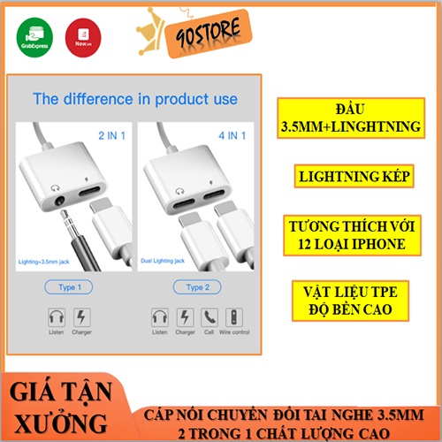 Cáp nối chuyển đổi tai nghe 3.5mm 2 trong 1 chất lượng cao tương thích với các dòng ĐT táo