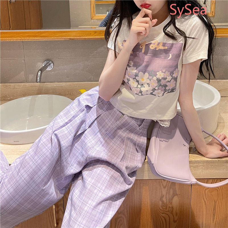 Set Áo Thun Ngắn Tay + Quần Lửng Ống Rộng Phong Cách Hàn Quốc Cho Nữ