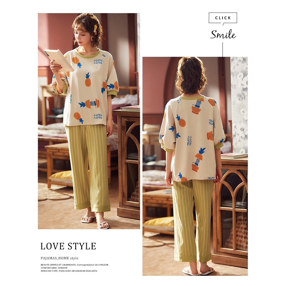 Set Đồ Ngủ Cotton Ngắn Tay In Họa Tiết Hoạt Hình Xinh Xắn Dành Cho Nữ | BigBuy360 - bigbuy360.vn