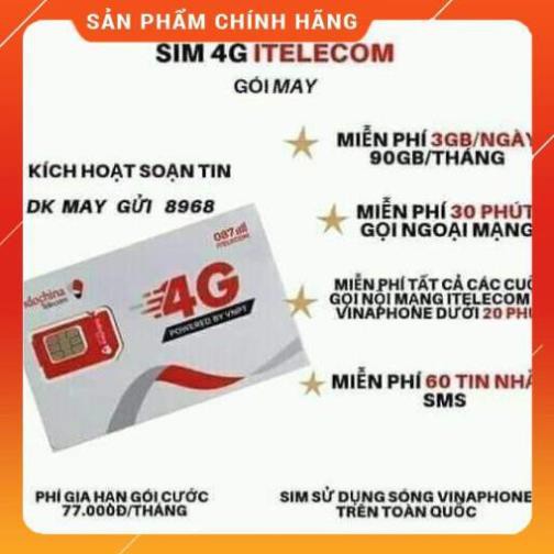 Sim 4G có sẵn tháng đầu, 90GB V77 ITELECOM-Vinaphone