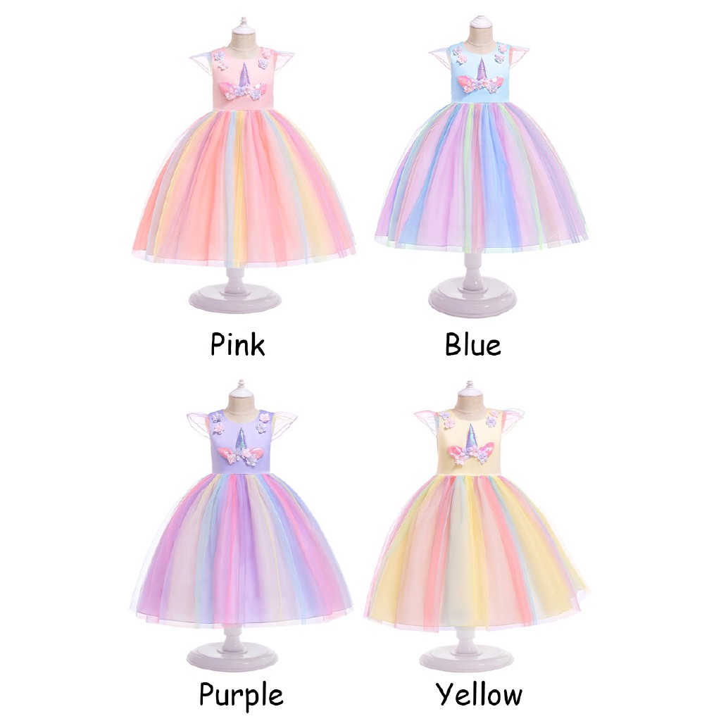 Đầm xòe vải lưới thiết kế kỳ lân hoạt hình phong cách công chúa dành cho bé gái