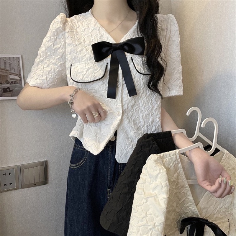 Áo Tiểu Thư Cổ V Kèm Nơ