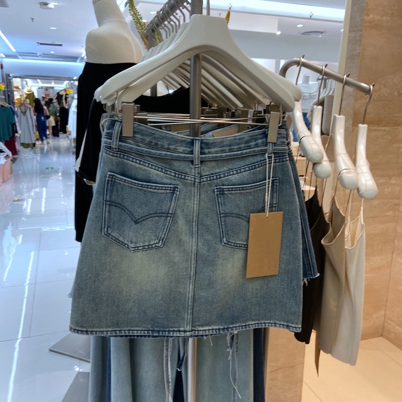 Jiashucheng Chân Váy Denim Chữ A Lưng Cao Thắt Dây Phong Cách Retro Mùa Hè Mỹ Hàng Mới 2023
