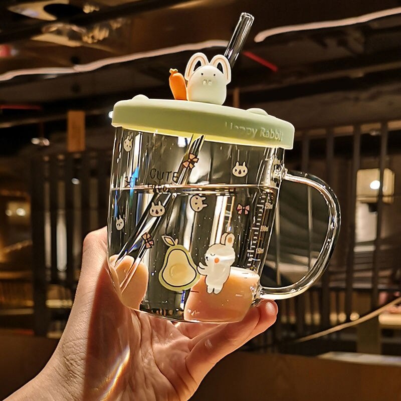 Cốc Thủy Tinh Borosilicate Hình Thỏ Nhỏ Có Nắp Chống Bụi & Ống Hút
