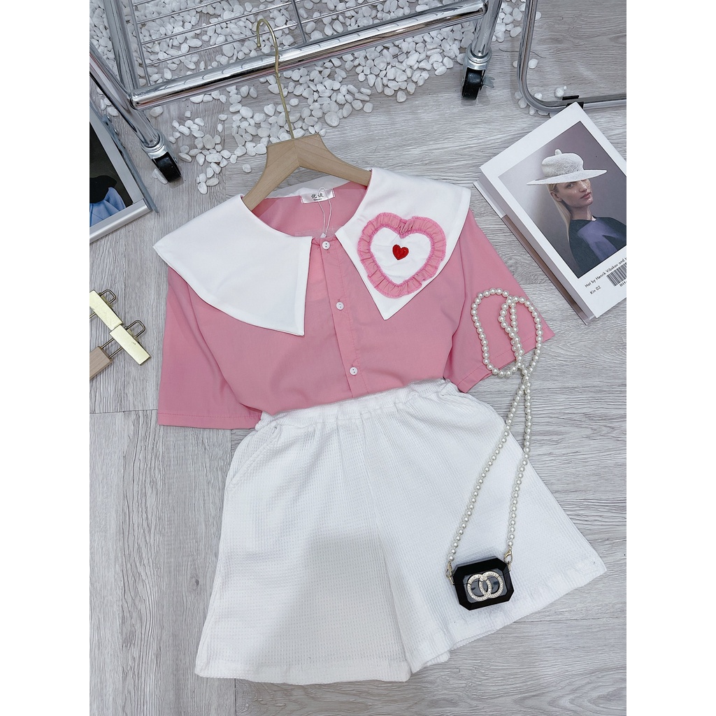 Set bộ cổ bèo hồng trái tim mix quần short đui trắng TL634