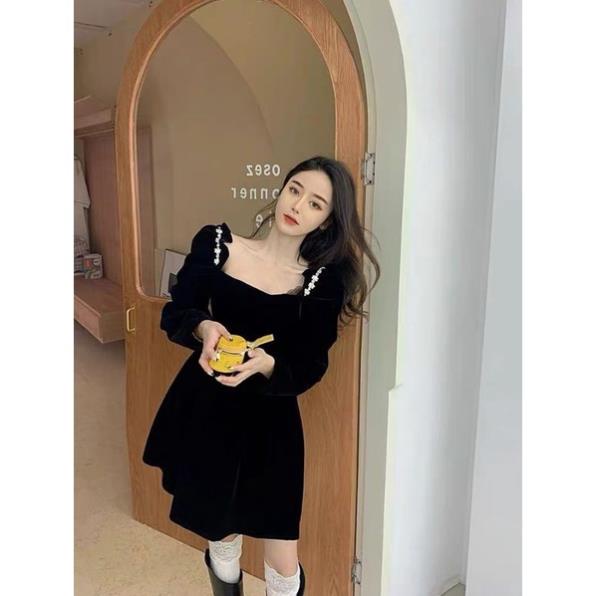 Váy nhung đỏ VAYO Đầm xòe cổ vuông tay phồng dài nữ đẹp thời trang dễ thương mặc đi chơi noel tết dự tiệc | BigBuy360 - bigbuy360.vn