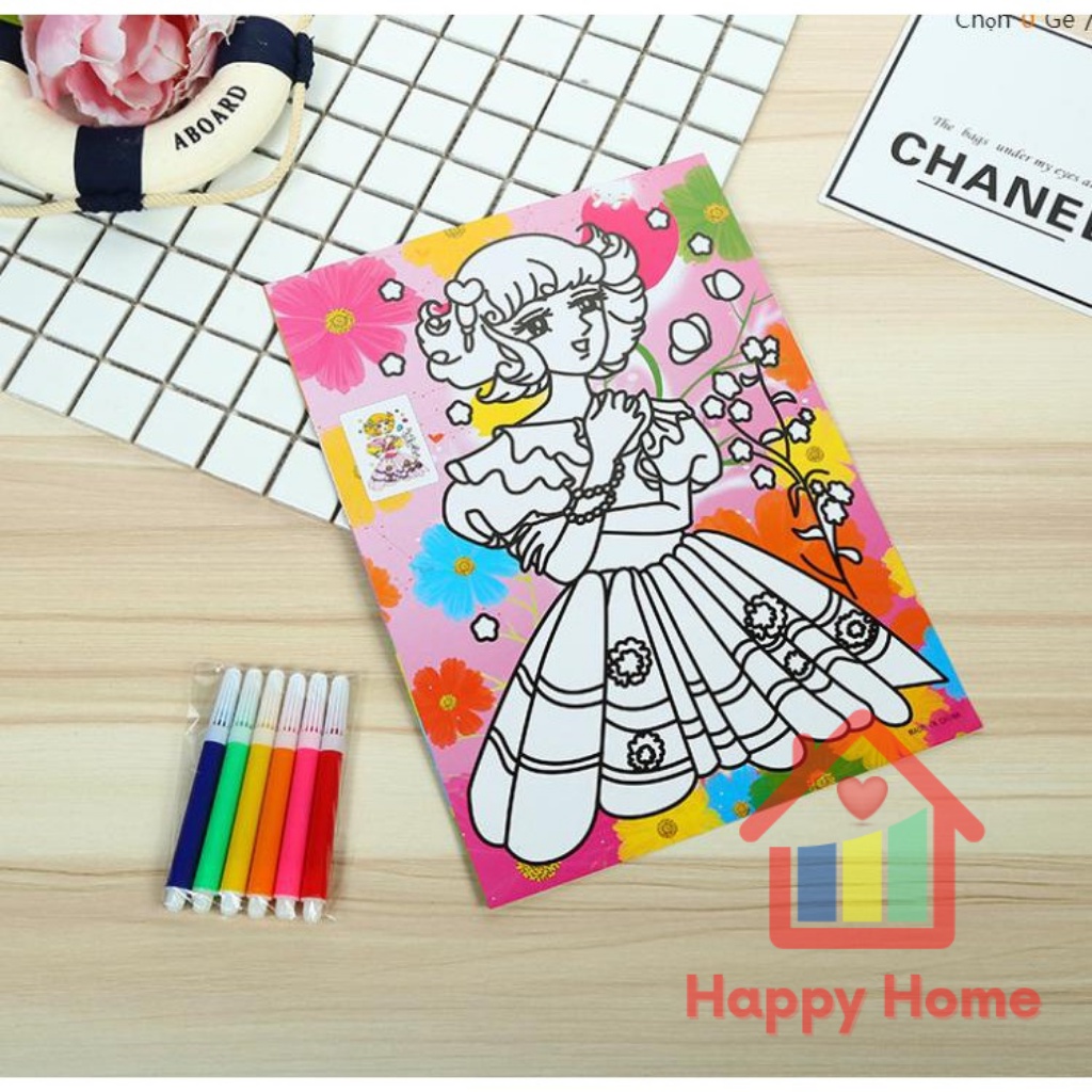 Set 2 tranh tô màu bút dạ cho bé có sẵn bút màu Happy Home