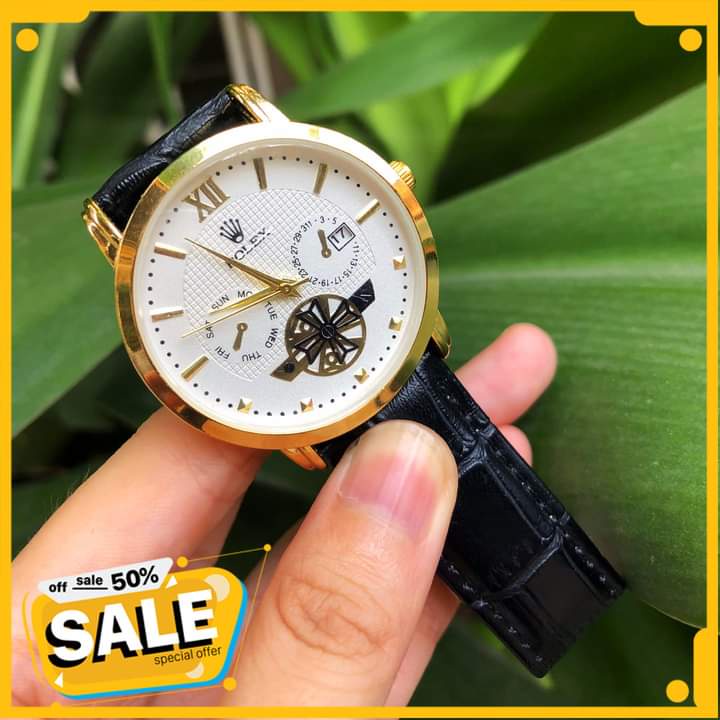Đồng Hồ Nam Rolex Dây Da Kim Vạch La Mã Có Lịch Ngày Size Mặt 38mm Viền Thép Chống Gỉ Sét - Bảo Hành 12 Tháng
