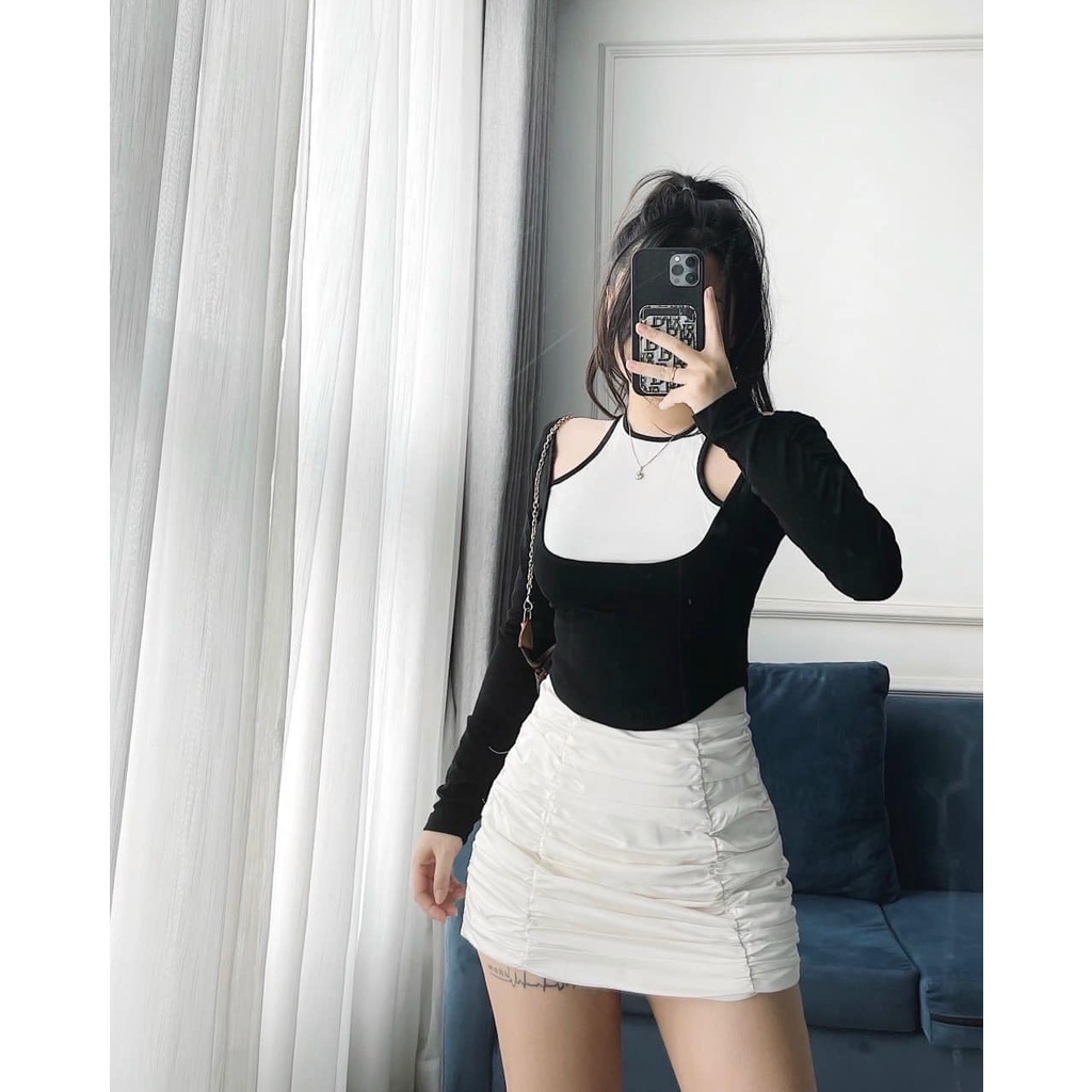 Áo len nữ thun zip dài tay phối cổ yếm L1 hot trend 2022