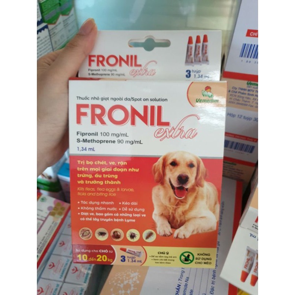 Nhỏ Gáy Fronil Extra Vemedim Trị Ve, Rận Cho Chó Từ 10Kg-20Kg Hộp 3 Tuýp 1.34ml (Nhãn Cam)