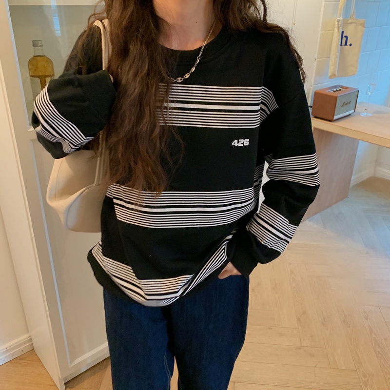 SUXI Áo sweater cổ tròn kẻ sọc thiết kế sành điệu thời trang mùa thu phong cách Hàn Quốc cho nữ