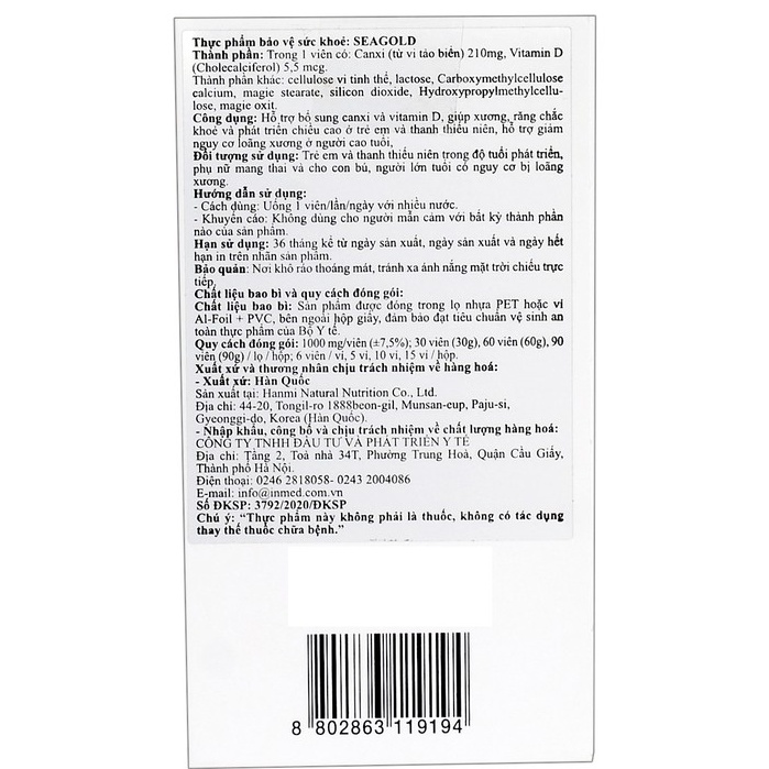 SeaGold Hàn Quốc - Bổ Sung Canxi Và Vitamin D, Giúp Xương Và Răng Chắc Khỏe (30 Viên).