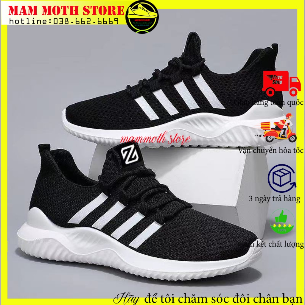 Giày thể thao nam, giầy tập gym, chạy bộ mã A01 hai màu đen trắng 4 sọc full size hàng quảng châu shop MAMMOTH