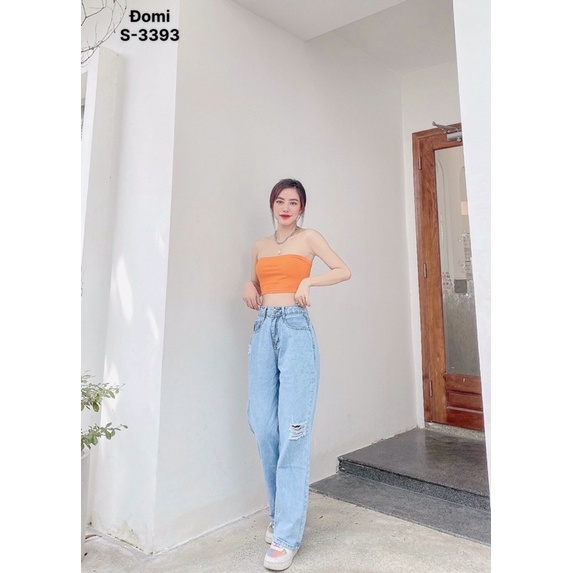 Quần Baggy Jean Nữ Trơn Rách Lưng Cao Ống Rộng Hàng VNXK Ms3393