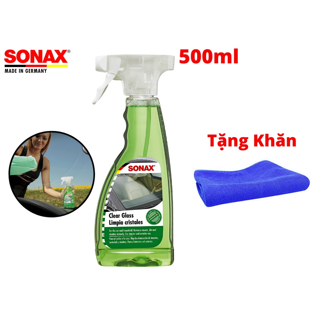 Nước Làm Sạch Trong Kính, Sonax Clear glass 338241 500ml Tặng Khăn
