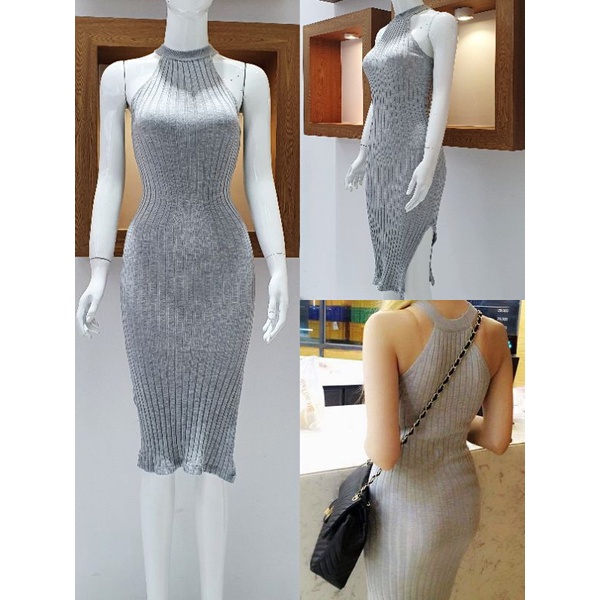Đầm ôm body cổ yếm chất len dập ly xẻ tà