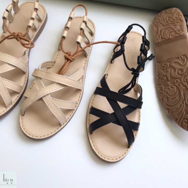 Giày sandal bệt quai chéo da bò tigish đế đúc phom nhỏ