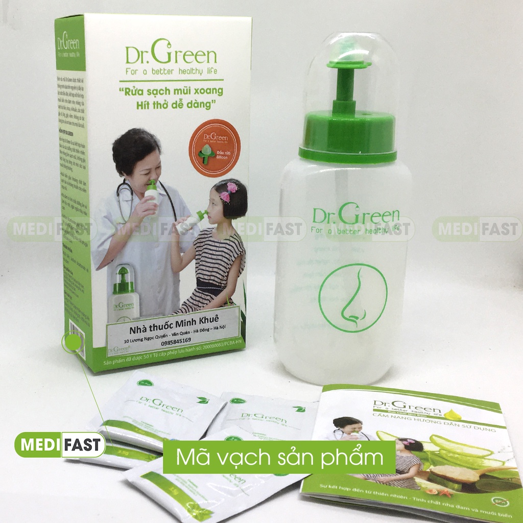 Bình rửa mũi Dr Green tặng kèm 10 gói muối dưỡng ẩm - làm sạch - bảo vệ mũi xoang