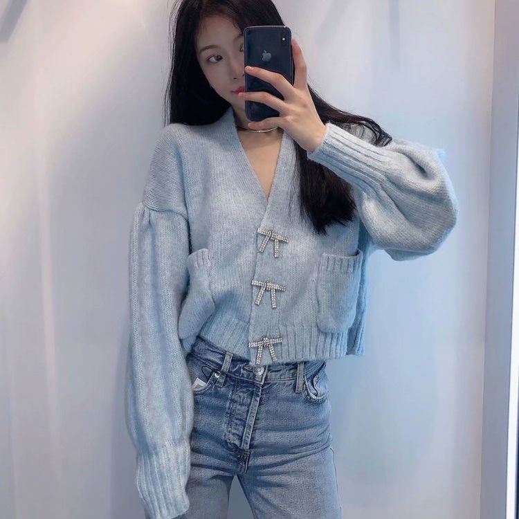 Áo khoác len dài tay cổ chữ V phong cách Hàn Quốc thời trang cho nữ