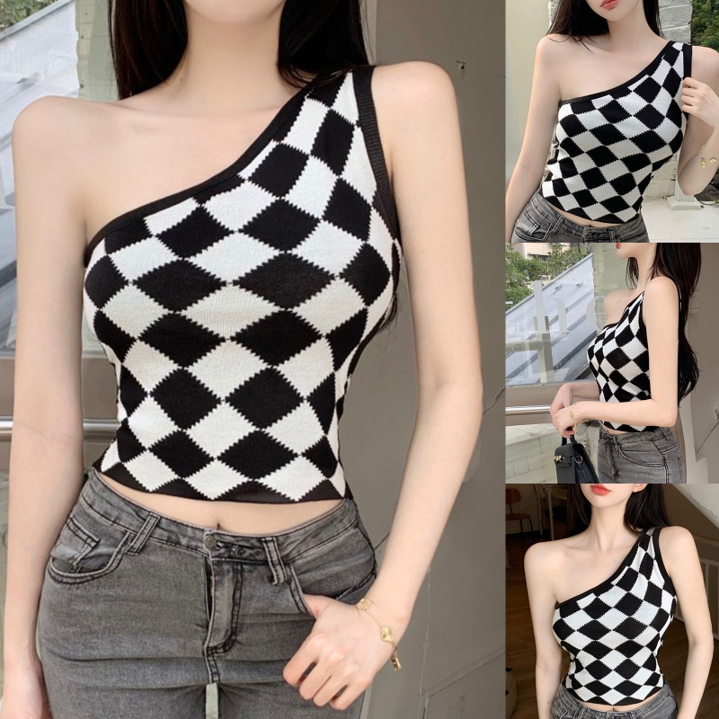 Youyo Áo Croptop Dệt Kim Không Tay Lệch Vai Kẻ Sọc Kim Cương Gợi Cảm Cho Nữ Sl