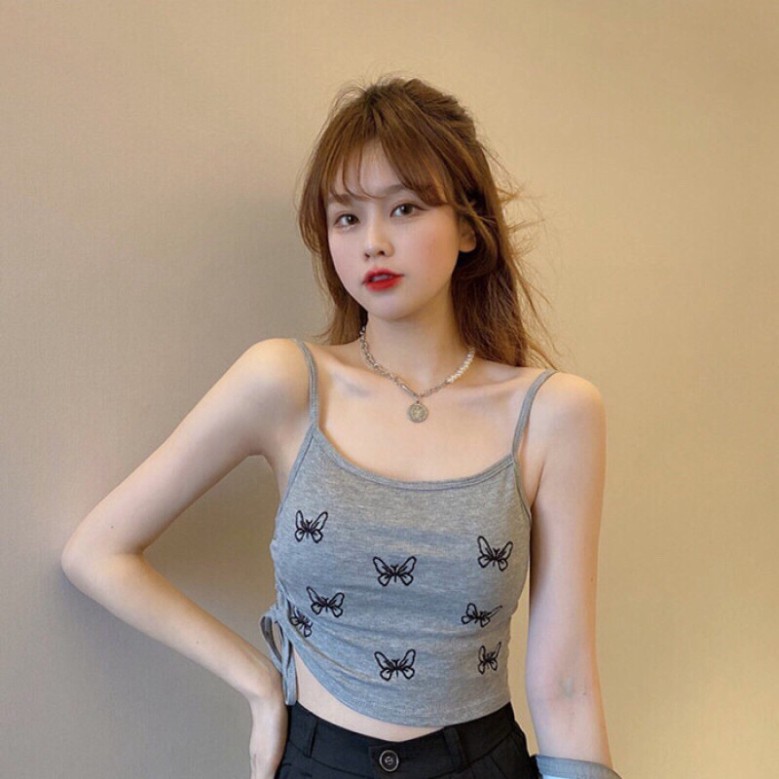 Áo bra 2 dây dáng croptop dây rút sườn hoạ tiết hình bướm có 3 màu đen, ghi, trắng coco land - chất bền