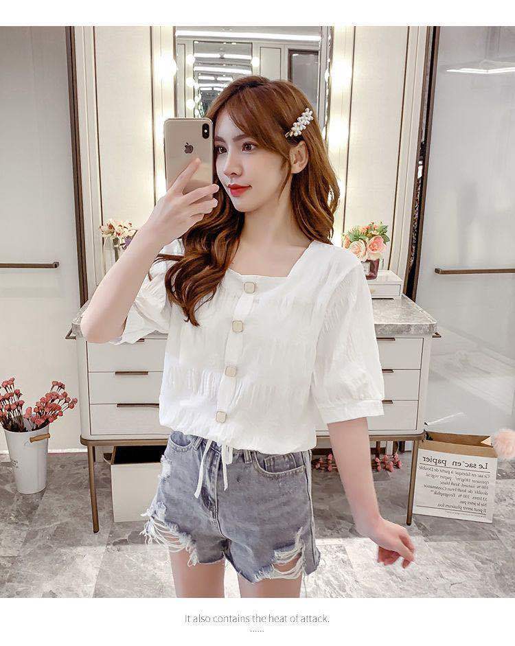 Áo sơ mi nữ BH tay ngắn phối dây xinh xắn thời trang 2021