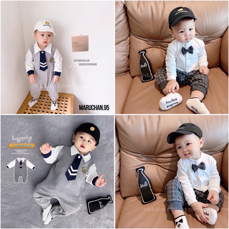Body dài tay body công tử cổ nơ canavat cho bé trai kích cỡ 4-11kg chất liệu zip hàn co giãn 4c mềm mại, thấm hút mồ hôi