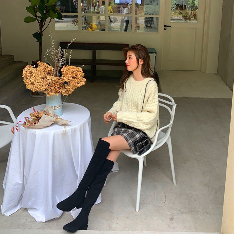 Giày bốt nữ cổ cao mũi tròn gót vuông da pu thời trang nữ phong cách cá tính