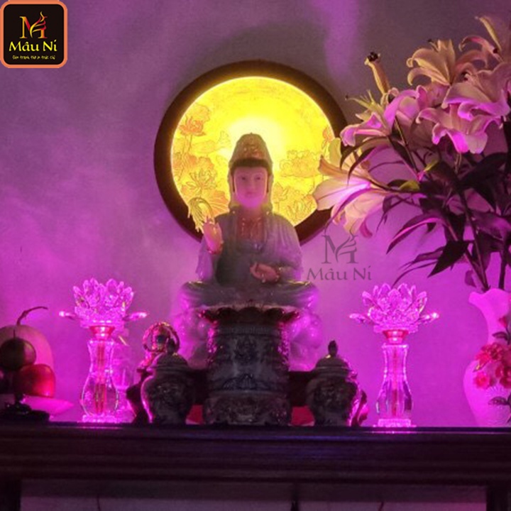 Đẹp - ĐÈN HOA SEN hào quang BÀN THỜ, đường kính 30cm, tranh in trúc chỉ MÂU NI  - cho bàn thờ đẹp