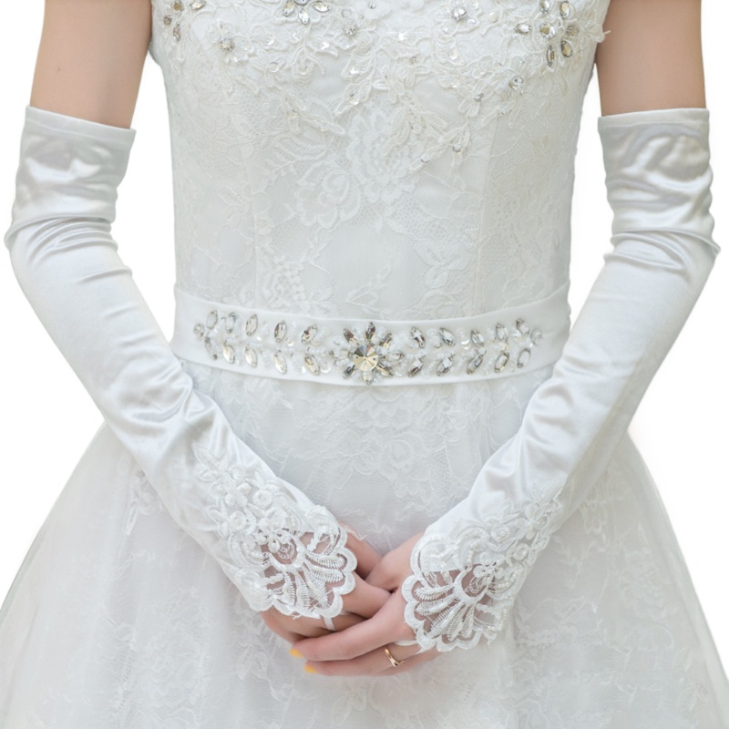 Găng Tay Dài Vải Satin Phối Ren Đính Hạt Dễ Thương Cho Cô Dâu