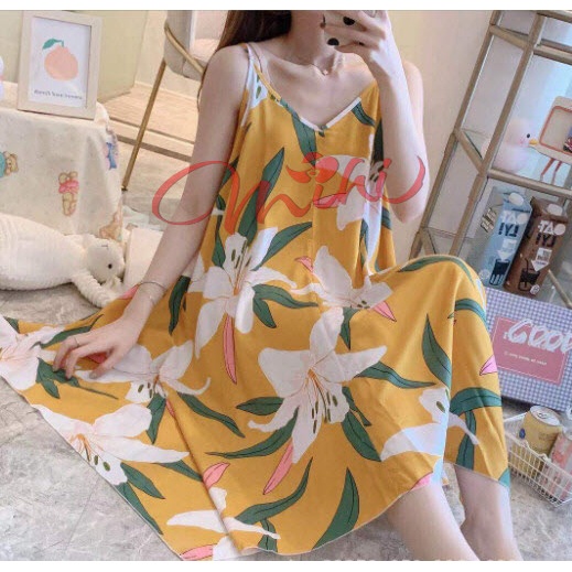Đầm váy lanh nữ mặc nhà 2 dây Bigsize bầu mặc được, đồ ngủ Maxi sau sinh cho mẹ thời trang mùa hè thiết kế đẹp giá rẻ